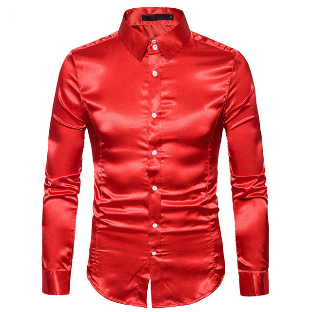Men's Silk Long Sleeve Lapel Single Breasted Casual Slim  Shirt