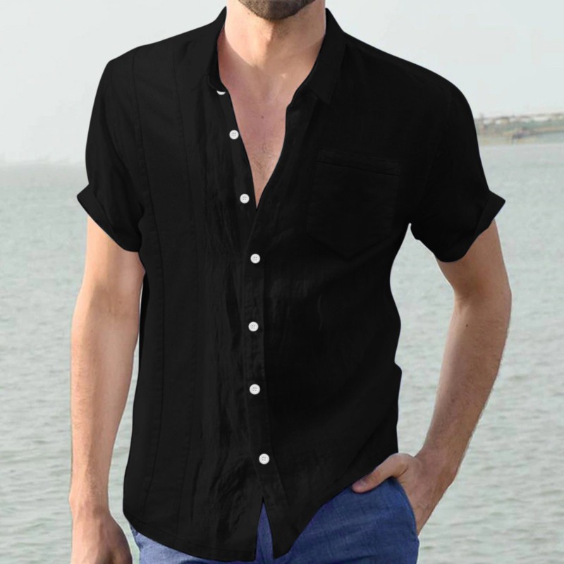 Men Casual Cotton and Linen Loose Short Sleeve Blouse