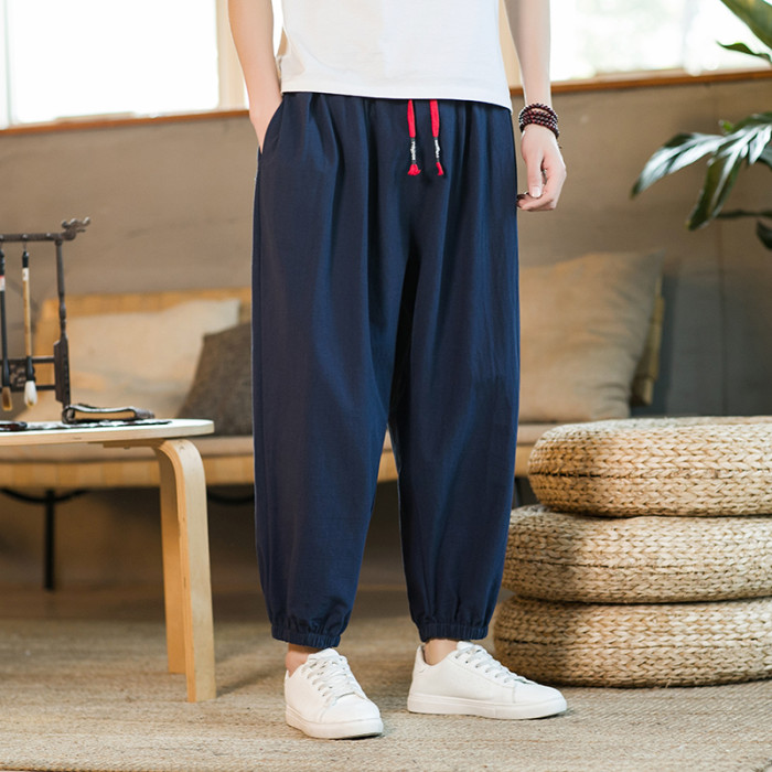 Men's Cotton and Linen Loose Solid Color Casual Pants