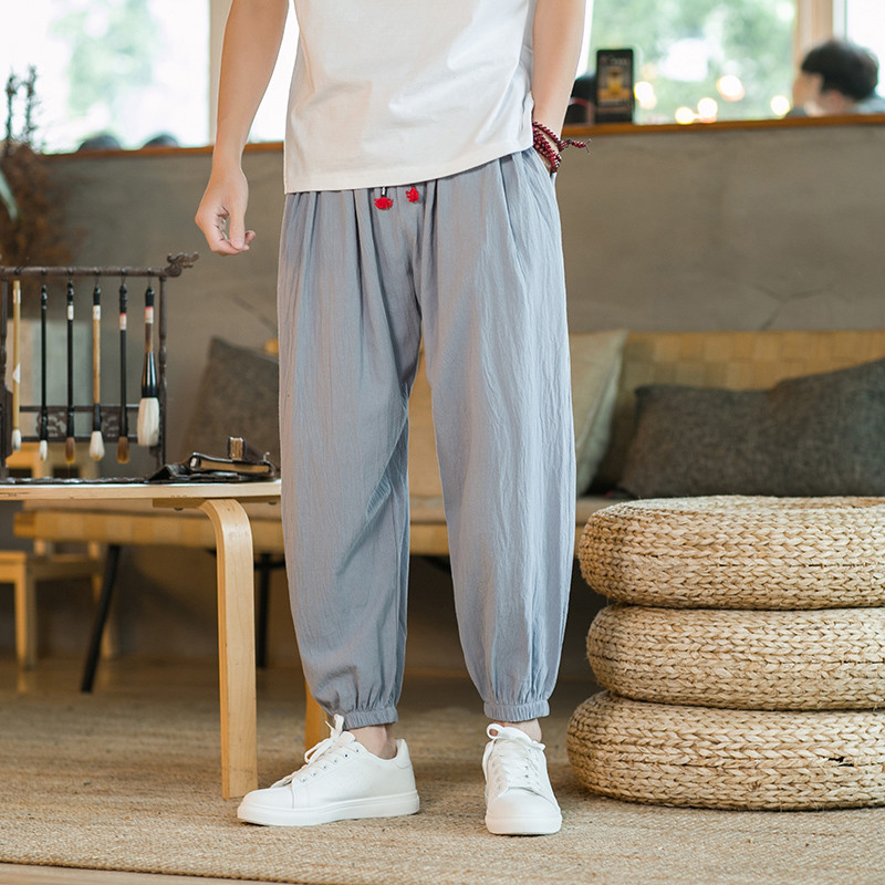 Men's Cotton and Linen Loose Solid Color Casual Pants