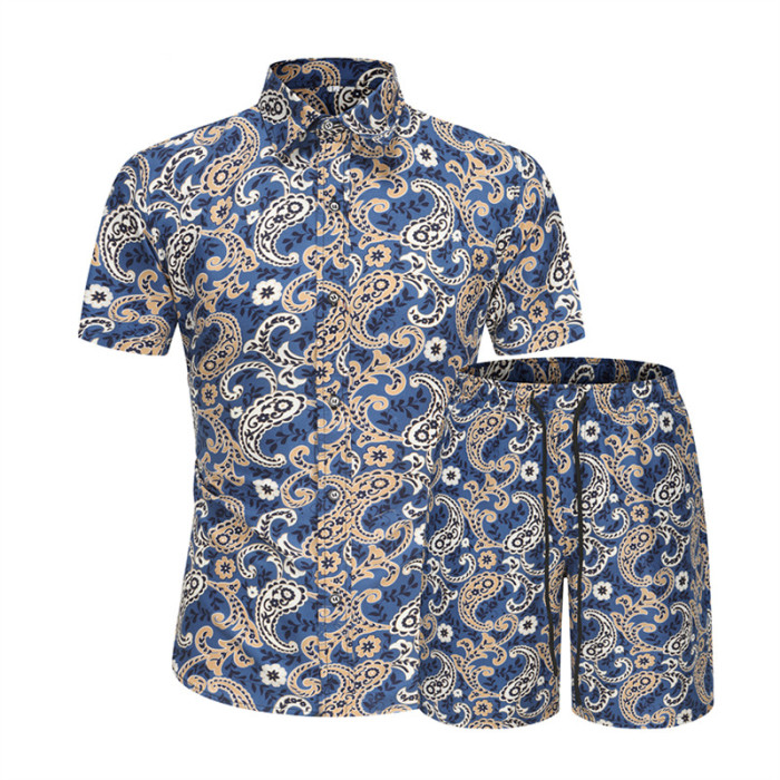 Men's Print Flowers Leisure Fashion Short Sleeve T-Shirt with Shorts Set