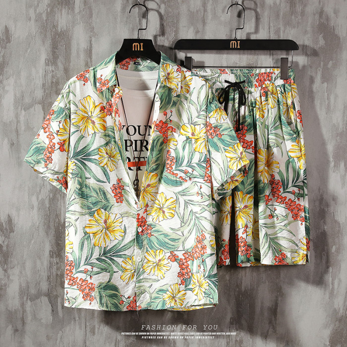 New Fashion Short Sleeve Casual Floral Shirt And Shorts Two Piece Set
