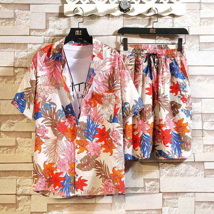 New Fashion Short Sleeve Casual Floral Shirt And Shorts Two Piece Set