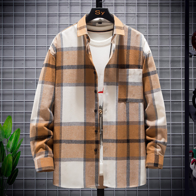 Brushed Long Sleeve Men's Fashion Cardigan Casual Plaid Top Shirt