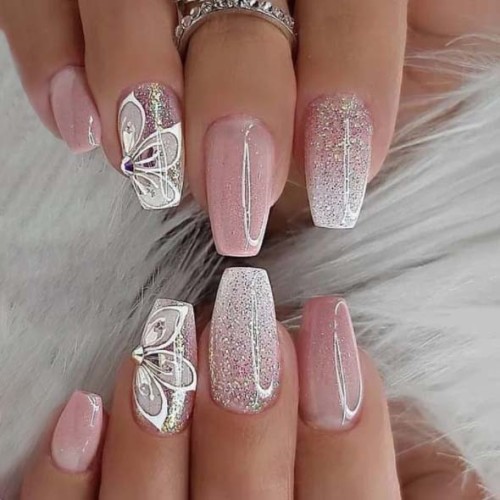Trendy Pink Gradient Glitter Pure Desire Butterfly Rhinestone Wearable Nail Art