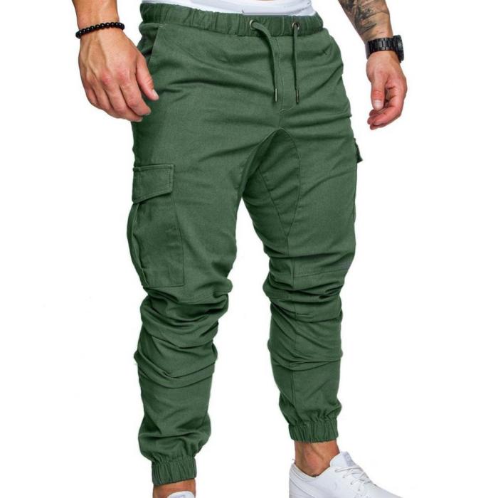 Fashion Men's Casual Solid Color Pocket Drawstring Cargo Pants