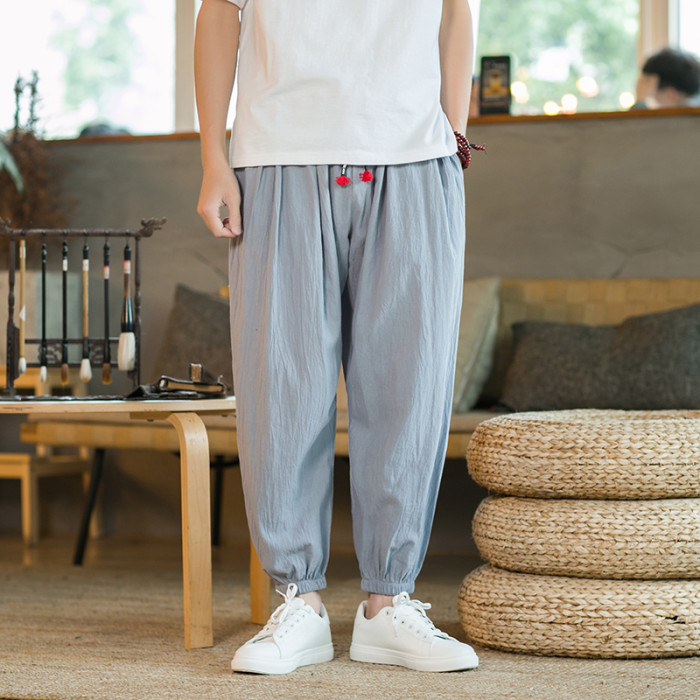Men's Cotton and Linen Loose Solid Color Casual Pants