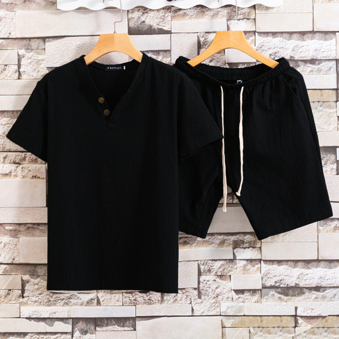 Men Casual Fashion Striped Short Sleeve T-shirt Shorts Two Piece Set