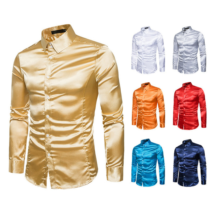 Men's Silk Long Sleeve Lapel Single Breasted Casual Slim  Shirt