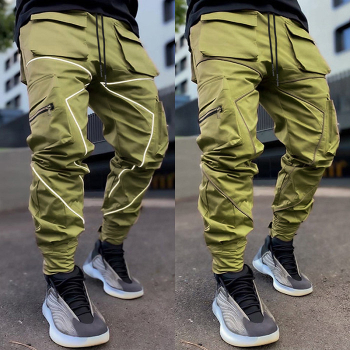 Solid Color Pocket Men's High Street Loose Straight Cargo Pants