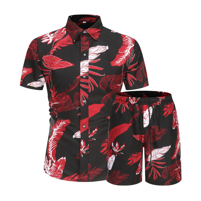 Men's Print Flowers Leisure Fashion Short Sleeve T-Shirt with Shorts Set