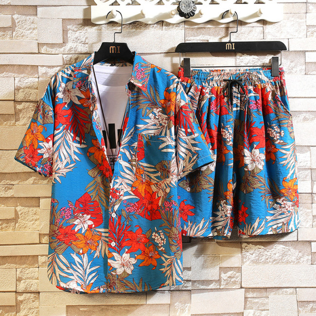 New Fashion Short Sleeve Casual Floral Shirt And Shorts Two Piece Set