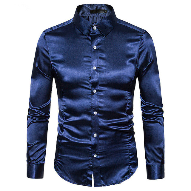 Men's Silk Long Sleeve Lapel Single Breasted Casual Slim  Shirt