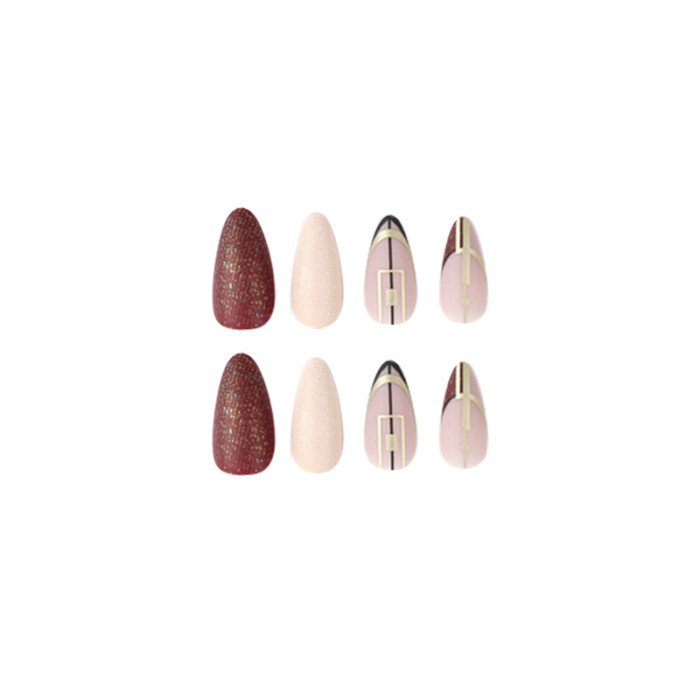 24PCS Crimson Glitter Matte Line  Beauty Nails