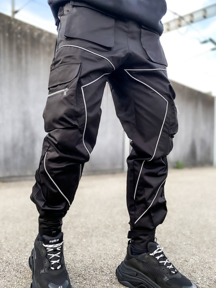 Solid Color Pocket Men's High Street Loose Straight Cargo Pants