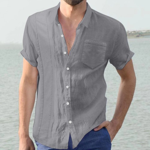 Men Casual Cotton and Linen Loose Short Sleeve Blouse