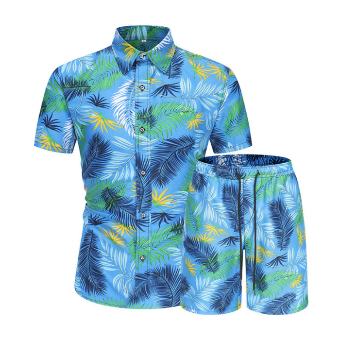 Men's Print Flowers Leisure Fashion Short Sleeve T-Shirt with Shorts Set