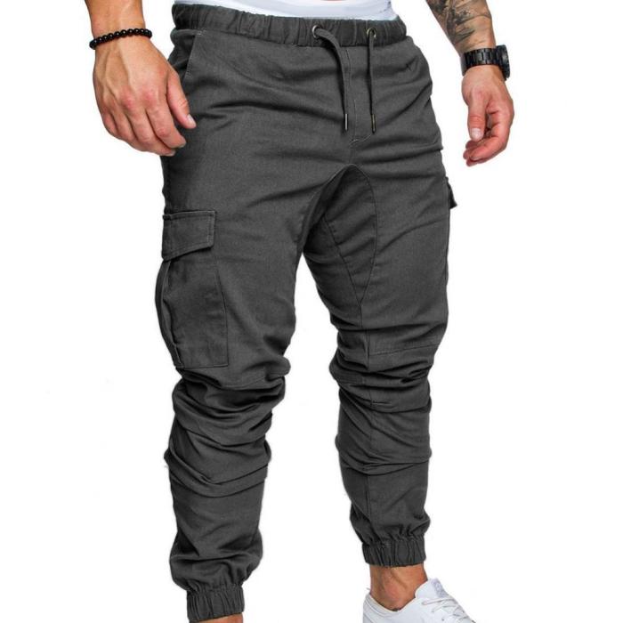 Fashion Men's Casual Solid Color Pocket Drawstring Cargo Pants