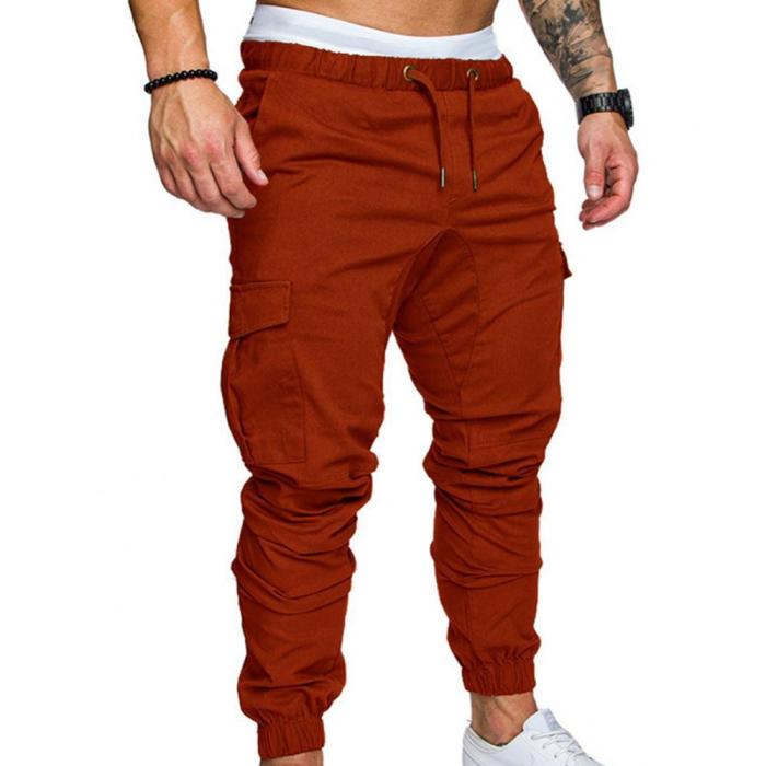 Fashion Men's Casual Solid Color Pocket Drawstring Cargo Pants