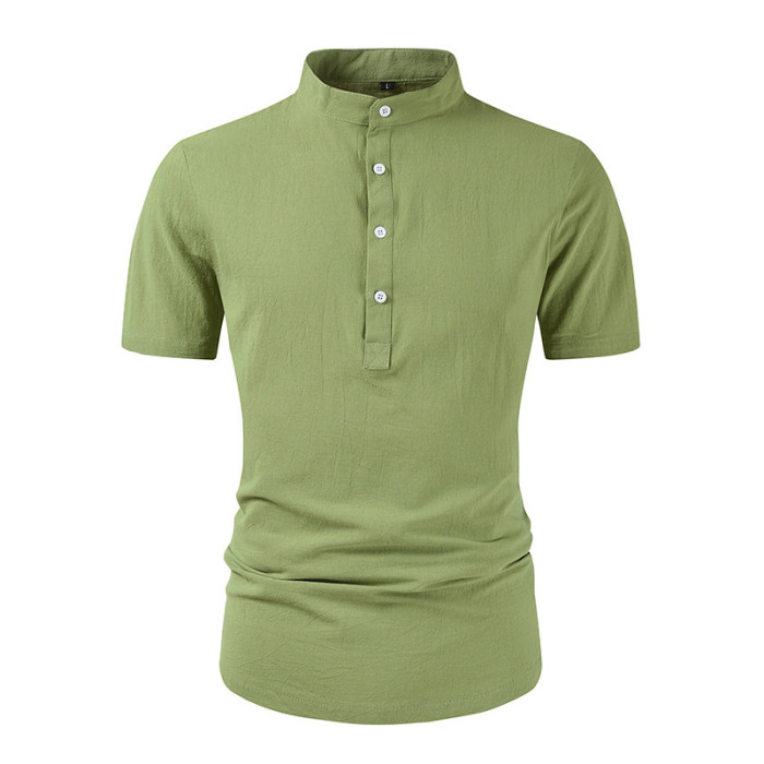 Mens Fashion Linen Casual Short Sleeve Button Solid Loose T-Shirts