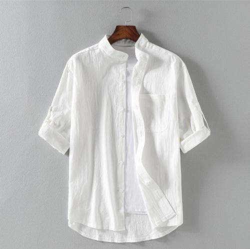 Summer Men's Cotton Linen Solid Color Casual Loose Shirt