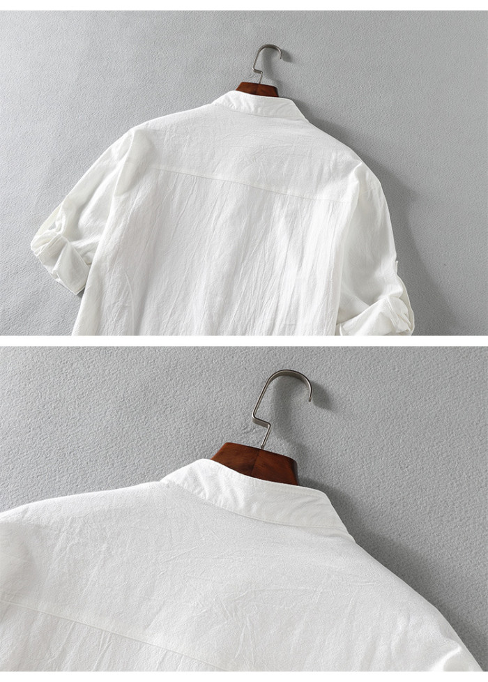 Summer Men's Cotton Linen Solid Color Casual Loose Shirt