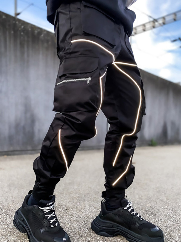 Solid Color Pocket Men's High Street Loose Straight Cargo Pants