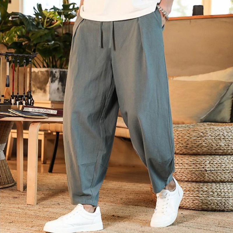 Men's Cotton and Linen Solid Color Loose Pants