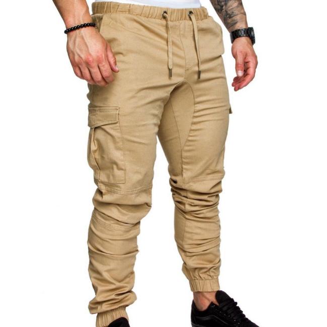 Fashion Men's Casual Solid Color Pocket Drawstring Cargo Pants