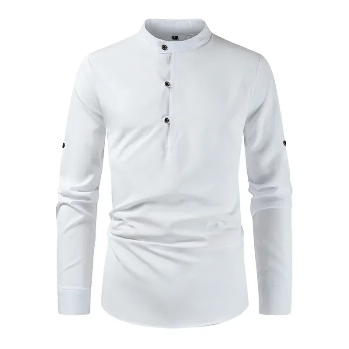 Men Casual Loose Standing Collar Solid Color Shirts