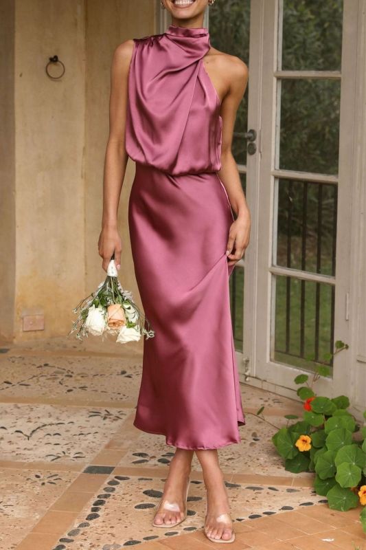 Fashion Elegant Sleeveless Halterneck Solid Satin Dress