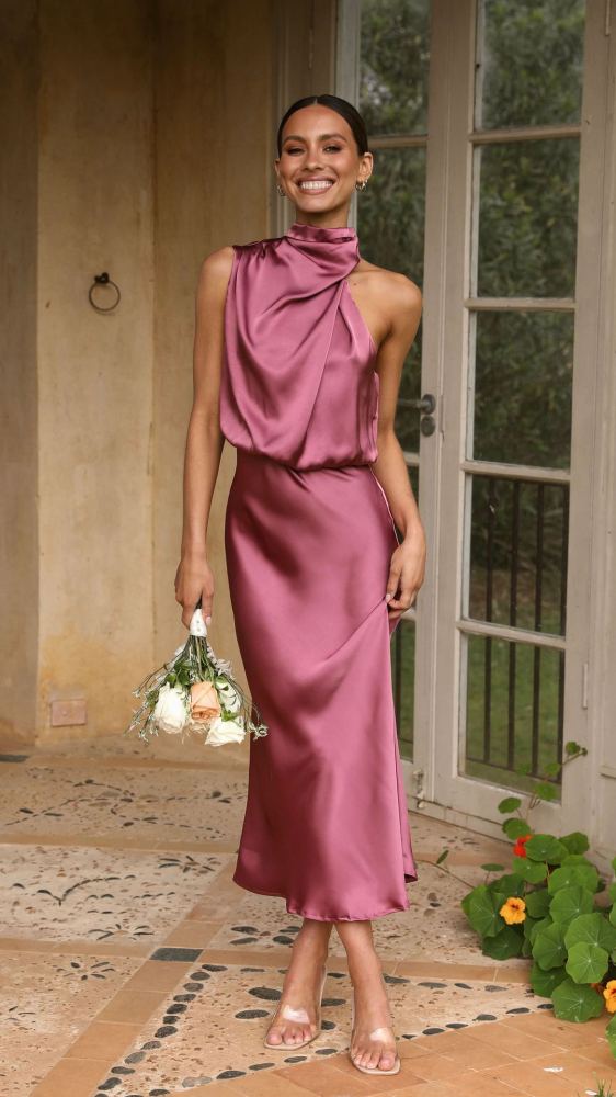 Fashion Elegant Sleeveless Halterneck Solid Satin Dress