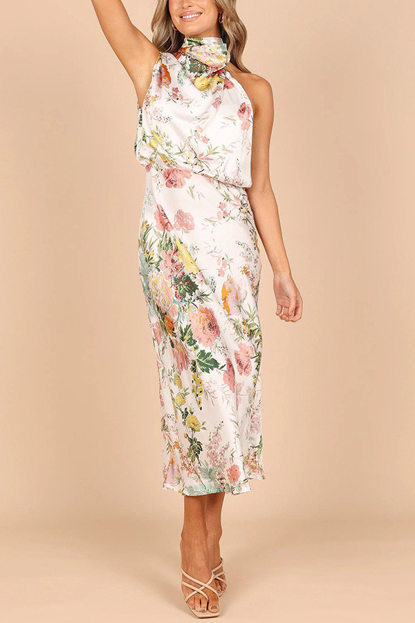 Women's Sleeveless Halterneck Print Satin Dress