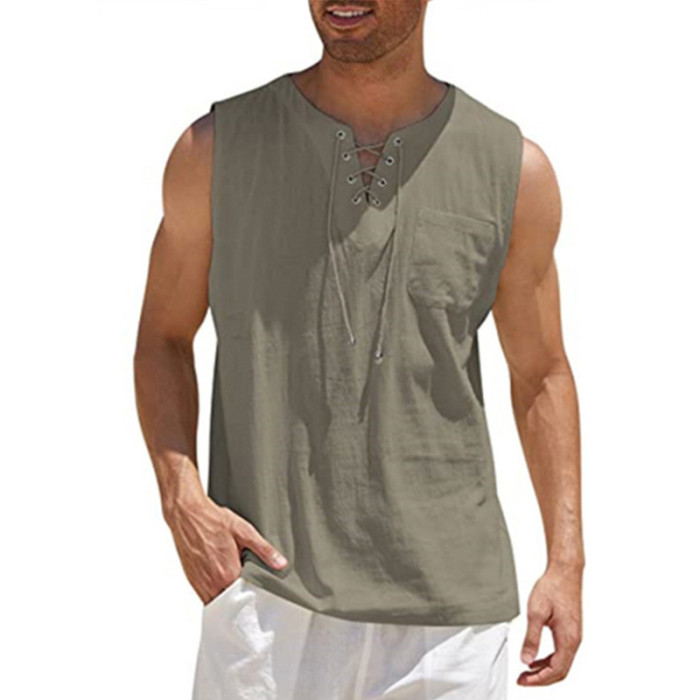 Fashion Mens Cotton Linen Casual Sleeveless Loose V-Neck T Shirts