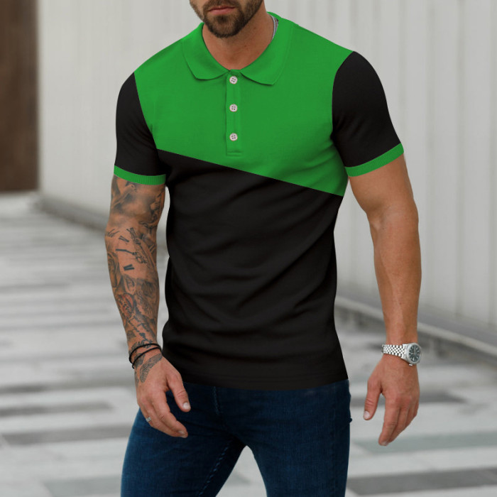 Men Patchwork Short Sleeve Button Knit Lapel Casual T Shirts