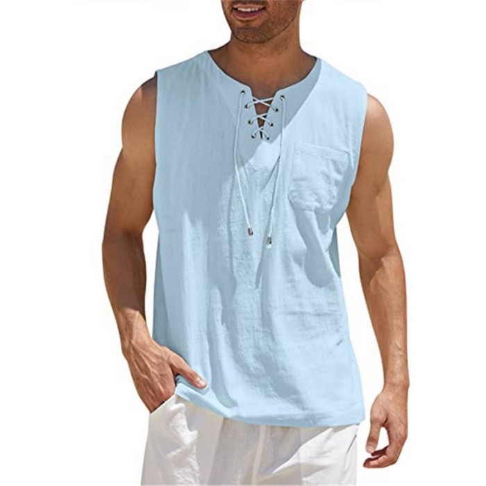 Fashion Mens Cotton Linen Casual Sleeveless Loose V-Neck T Shirts