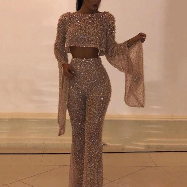 Women Sexy Backless Gold Sequin Long Sleeve Party Jumpsuit