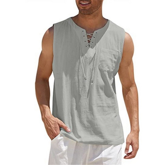 Fashion Mens Cotton Linen Casual Sleeveless Loose V-Neck T Shirts