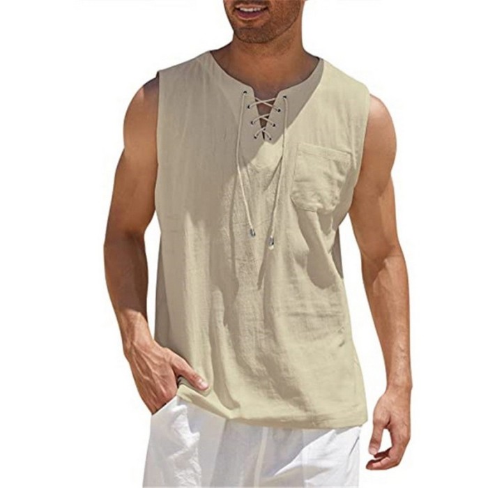 Fashion Mens Cotton Linen Casual Sleeveless Loose V-Neck T Shirts