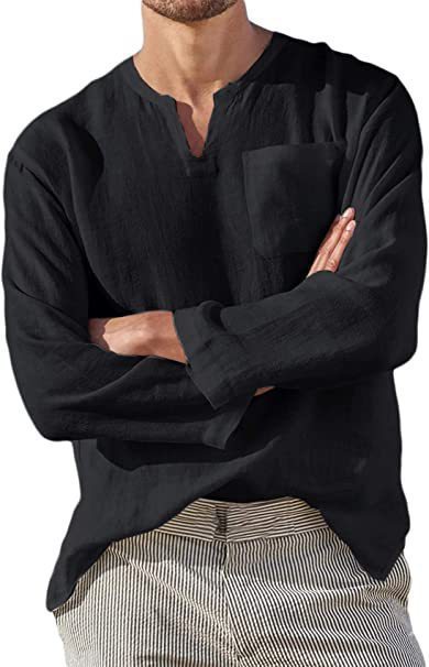 Men's Cotton Linen Long Sleeve Casual Vintage V-Neck Loose Shirt