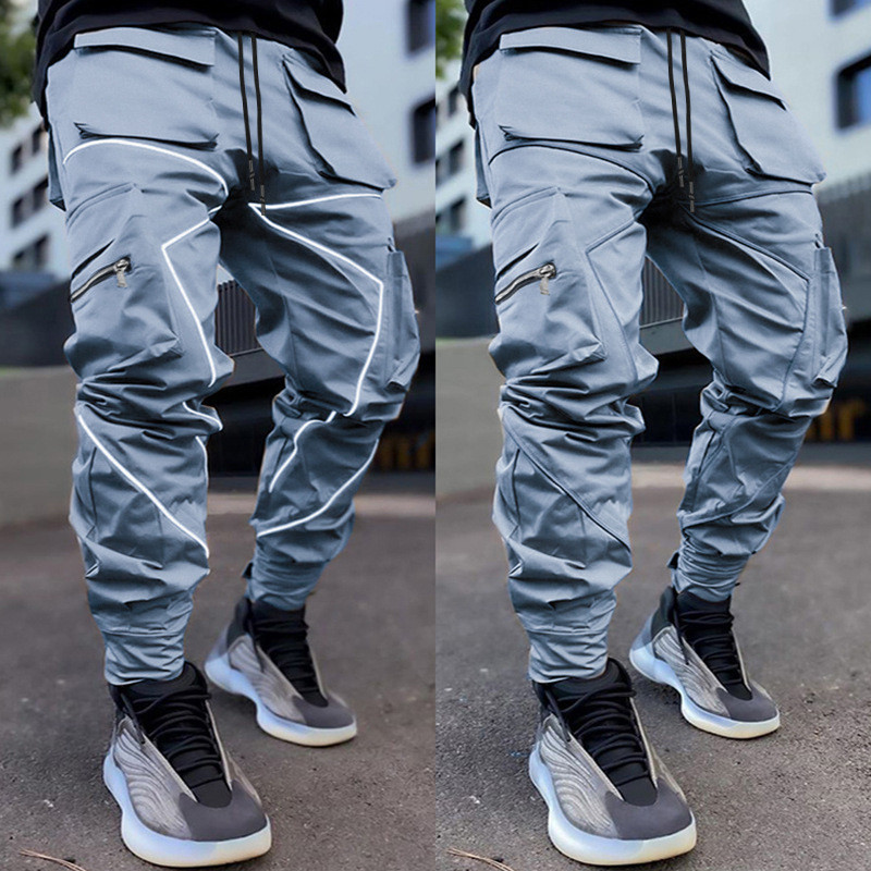 Fashion Streetwear Patchwork Reflective Stripe Cargo Pants