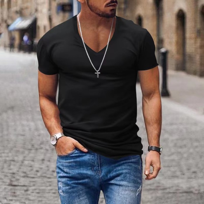 Men V Neck Casual Solid Color Loose Fashion T-shirts