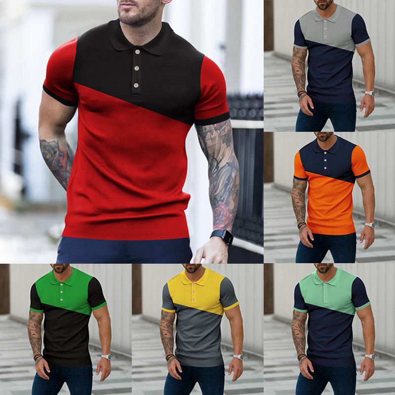 Men Patchwork Short Sleeve Button Knit Lapel Casual T Shirts