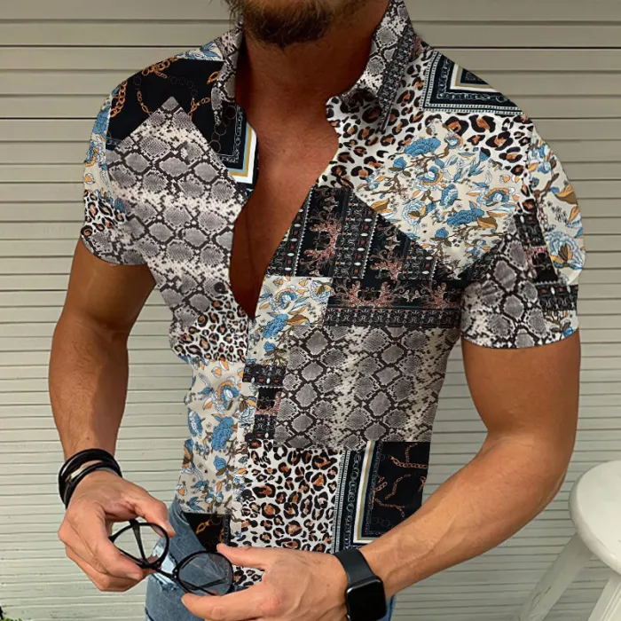 2023跨境外贸亚马逊欧美爆款3D数码印花夏威夷风男士休闲短袖衬衫