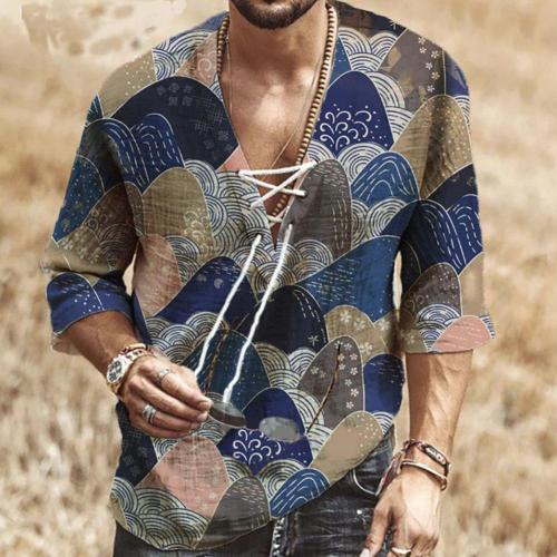 Men Fashion Half Sleeve V Neck Floral Print Shirt