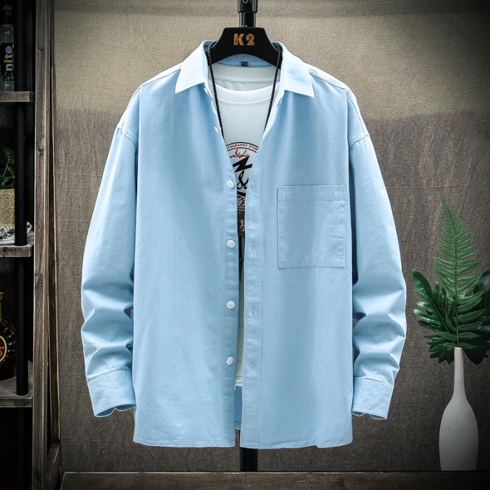 Men's Long-sleeved Solid Color Retro Simple Casual Shirt
