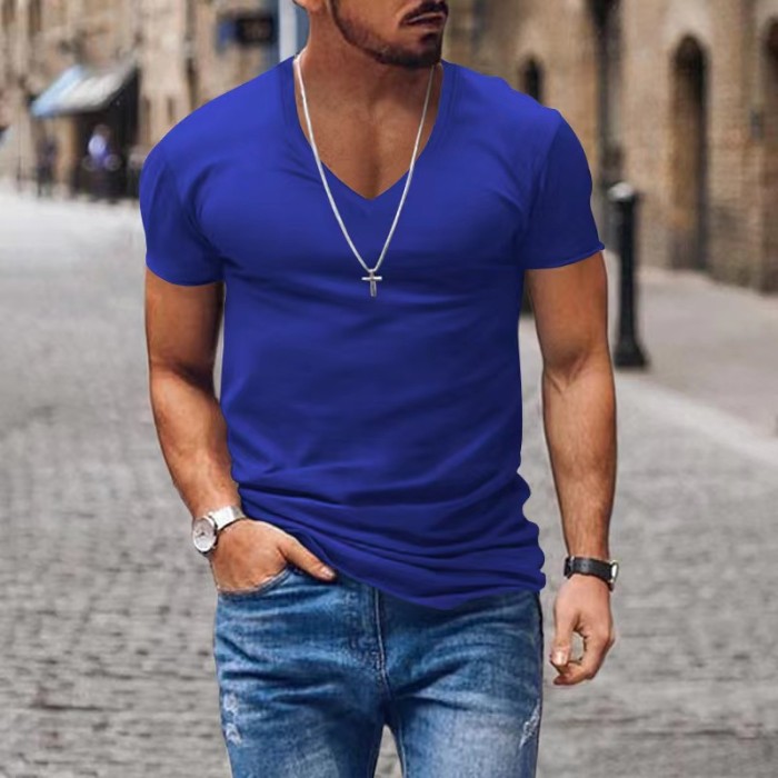 Men V Neck Casual Solid Color Loose Fashion T-shirts