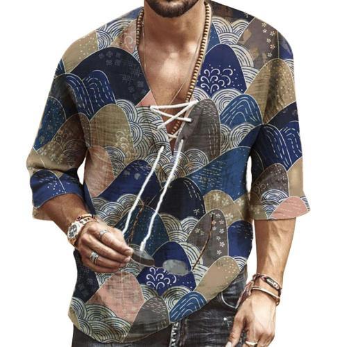 Men Fashion Half Sleeve V Neck Floral Print Shirt