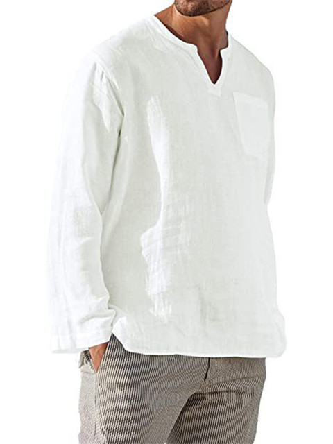 Men's Cotton Linen Long Sleeve Casual Vintage V-Neck Loose Shirt