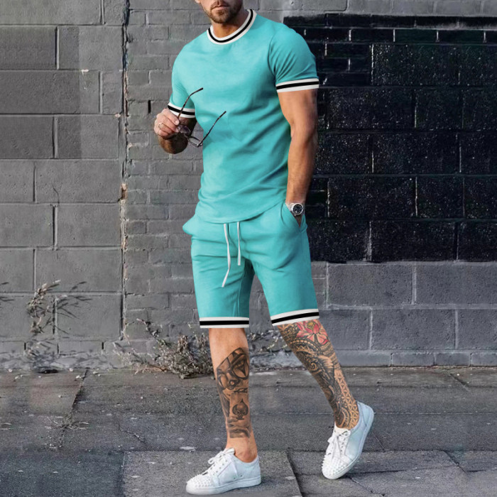 New Mens Solid Color Short Sleeve Shorts Casual Fashion Two Piece Set